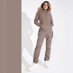 Brown Genuine Fur-Trimmed Ski Snowboard Jumpsuit